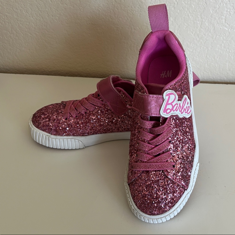 H&M Barbie Sparkling Pink Sneakers Size 13.5 Hook and Loop Closure - Picture 2 of 14